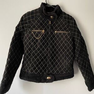 Baby Phat Black Gold Faux Suede Zip/Snap Faux Fur Collar Jacket Sz Large